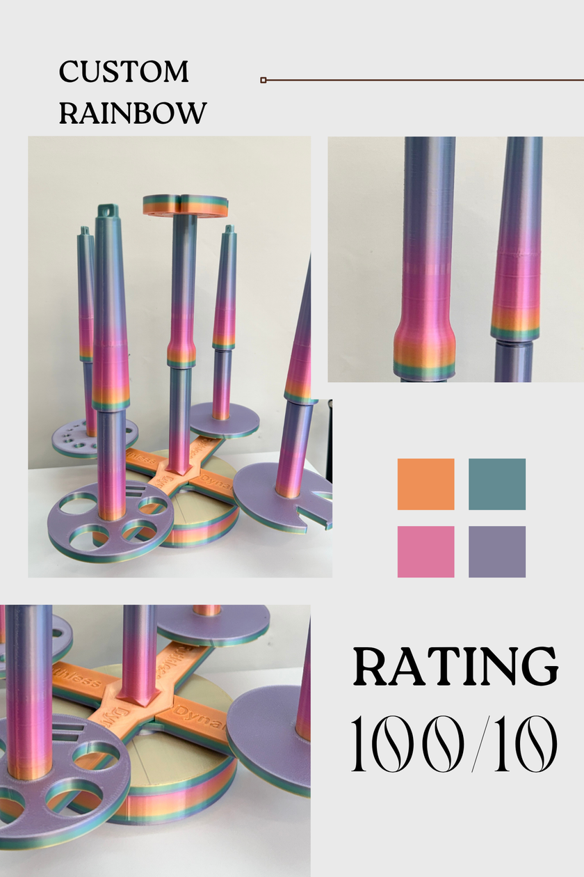 Custom rainbow yarn spinner display stands with iridescent finish for crochet and knitting