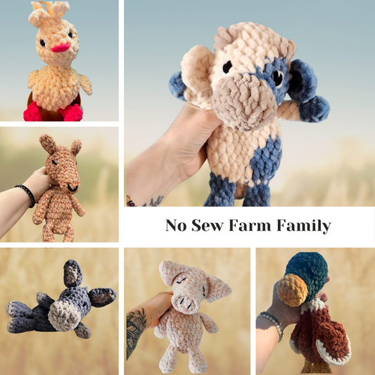 Farm animal Crochet PATTERN BUNDLE No-Sew Snuggler, Amigurumi PDF in English, Donkey, Llama, Duck, Pig, Cow, Chick - 6 No-Sew farm animals