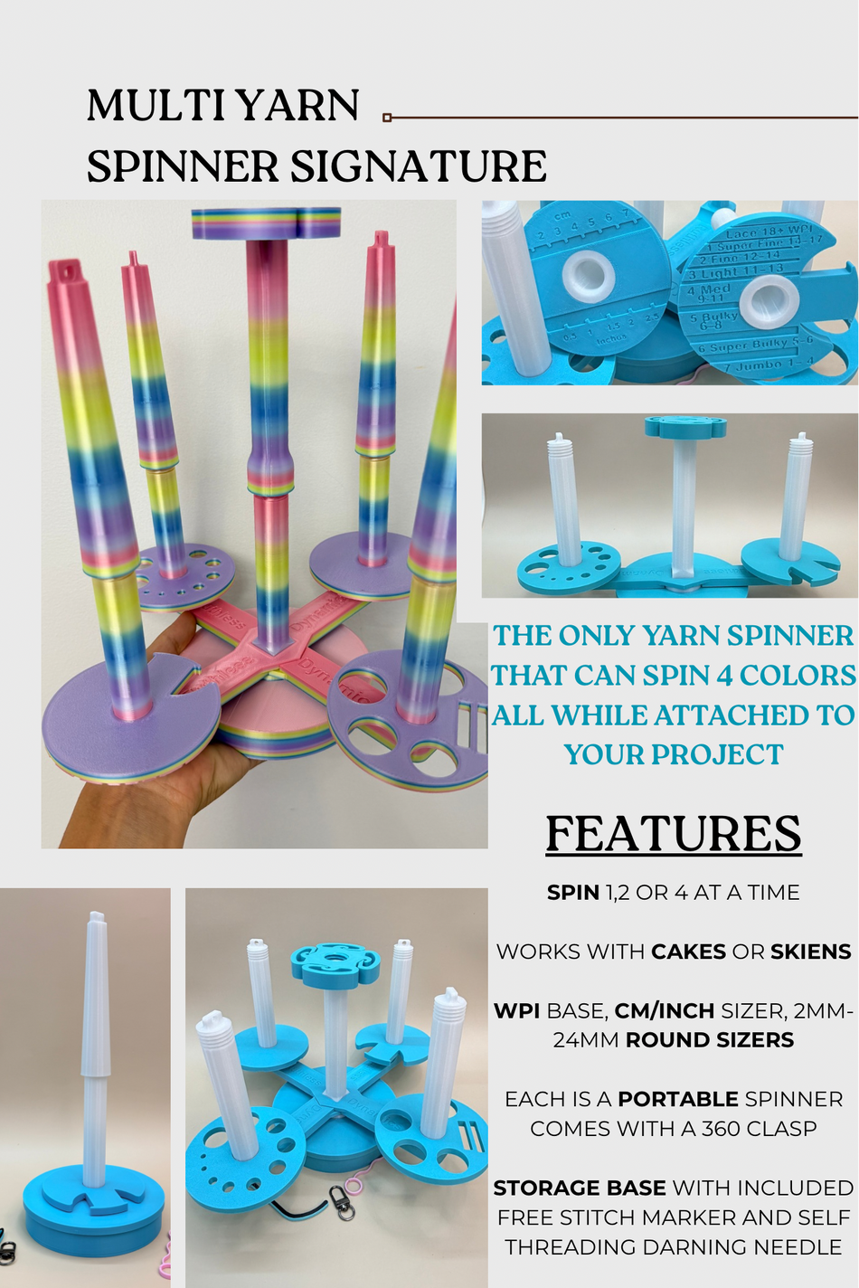 THE MULTI Yarn Spinner System | Yarn Holder for Crocheting & Knitting | Dual Yarn Untangler | Crochet Hook Holder | Amigurumi Tools | Yarn Cake Holder | Made to Order