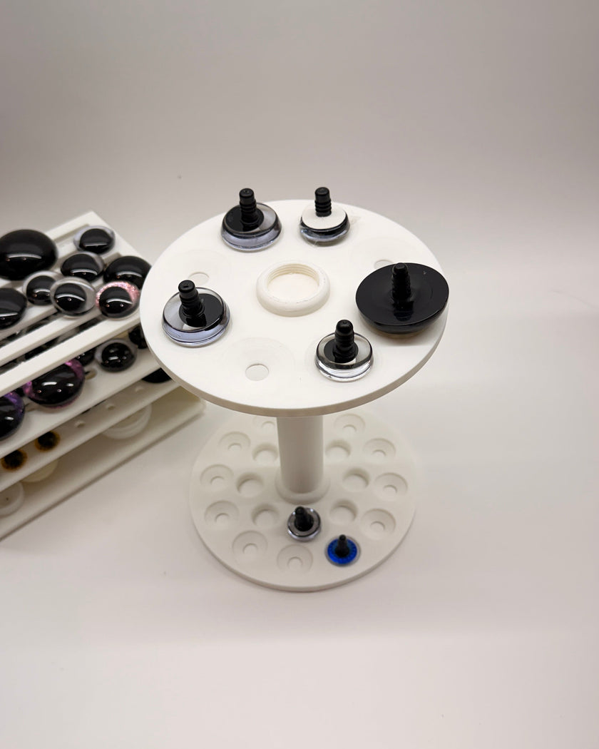 Safety Eye Painter tool for crochet and amigurumi projects, holds 10mm to 40mm safety eyes for painting and drying.