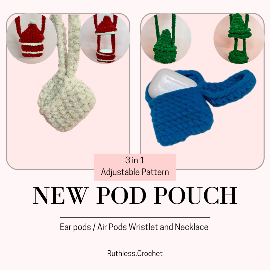 Pod Pouch Crochet Pattern | AirPods Earbud Case | 3-in-1 Wristlet or Necklace | Santa and Christmas Tree Holiday Gift | Chenille Yarn