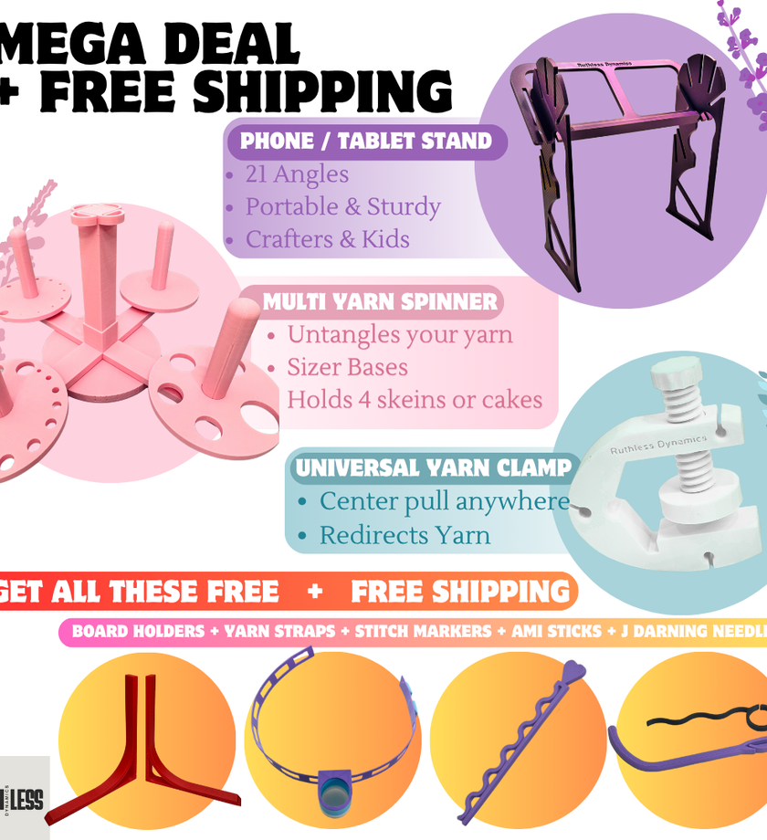 Mega Deal Bundle – All Included Tools and Free Gifts

Phone & Tablet Stand – Adjustable, Portable, Sturdy for Crafters

Multi Yarn Spinner – Untangles Yarn, Holds 4 Skeins or Cakes

Universal Yarn Clamp – Redirects Yarn, Center Pull Anywhere

Board Holders – Lightweight & Durable

Yarn Straps – Keep Skeins Tidy

Stitch Markers – Secure & Flexible

Ami Sticks – Easy sewing Plushie parts together - stays in place

J Darning Needle – Curved for Easy Yarn Threading