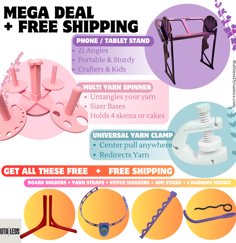 Mega Deal Bundle – All Included Tools and Free Gifts

Phone & Tablet Stand – Adjustable, Portable, Sturdy for Crafters

Multi Yarn Spinner – Untangles Yarn, Holds 4 Skeins or Cakes

Universal Yarn Clamp – Redirects Yarn, Center Pull Anywhere

Board Holders – Lightweight & Durable

Yarn Straps – Keep Skeins Tidy

Stitch Markers – Secure & Flexible

Ami Sticks – Easy sewing Plushie parts together - stays in place

J Darning Needle – Curved for Easy Yarn Threading