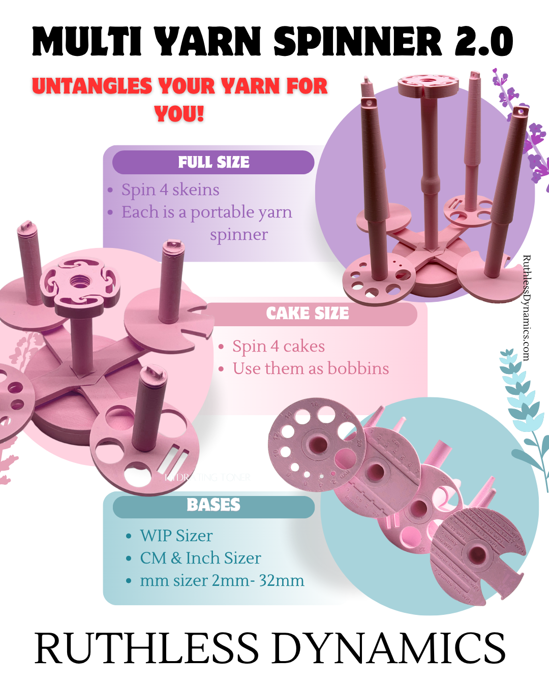 Purple multi yarn spinner detangling yarn for knitting patterns and crochet patterns

Crochet and knitting tool for managing multiple yarn colors smoothly without tangles