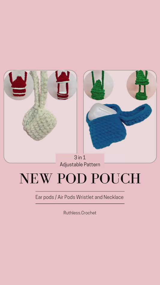 Pod Pouch Crochet Pattern | AirPods Earbud Case | 3-in-1 Wristlet or Necklace | Santa and Christmas Tree Holiday Gift | Chenille Yarn